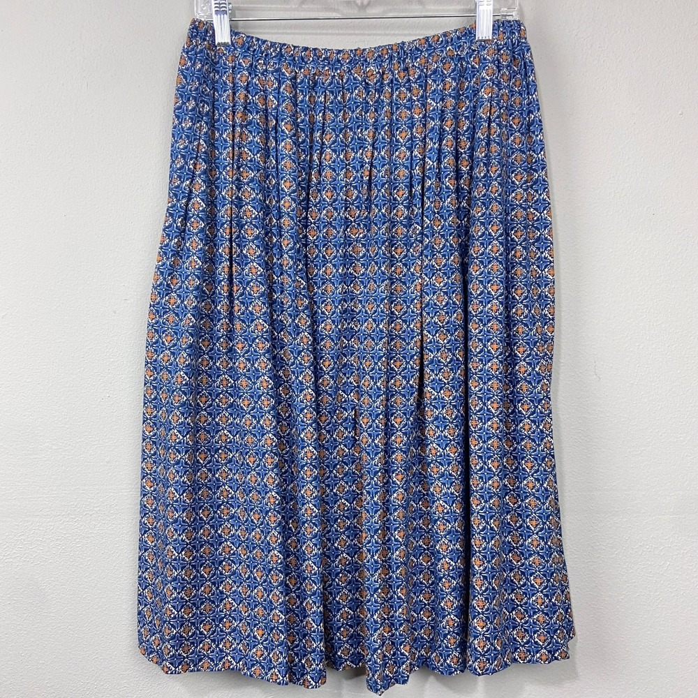Vintage 80s Midi Pleated Skirt Sz 16 Blue Batik Floral Boho Cottagecore Country